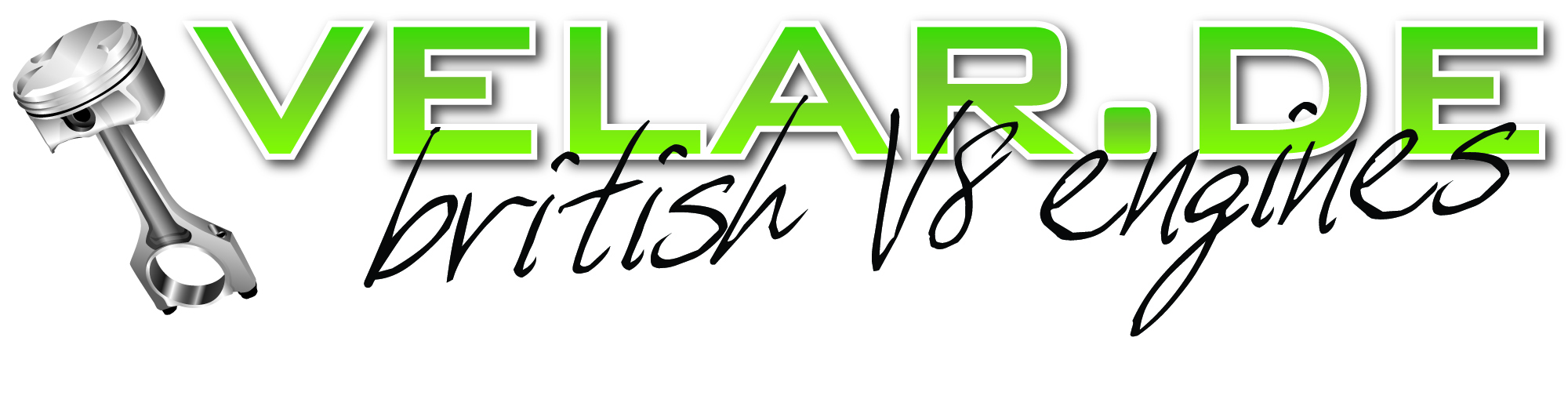 Das Logo von Velar.de beinhaltet den Namen Velar.de in grüner großer Schrift, darunter in Schreibschrift steht british V8 engines