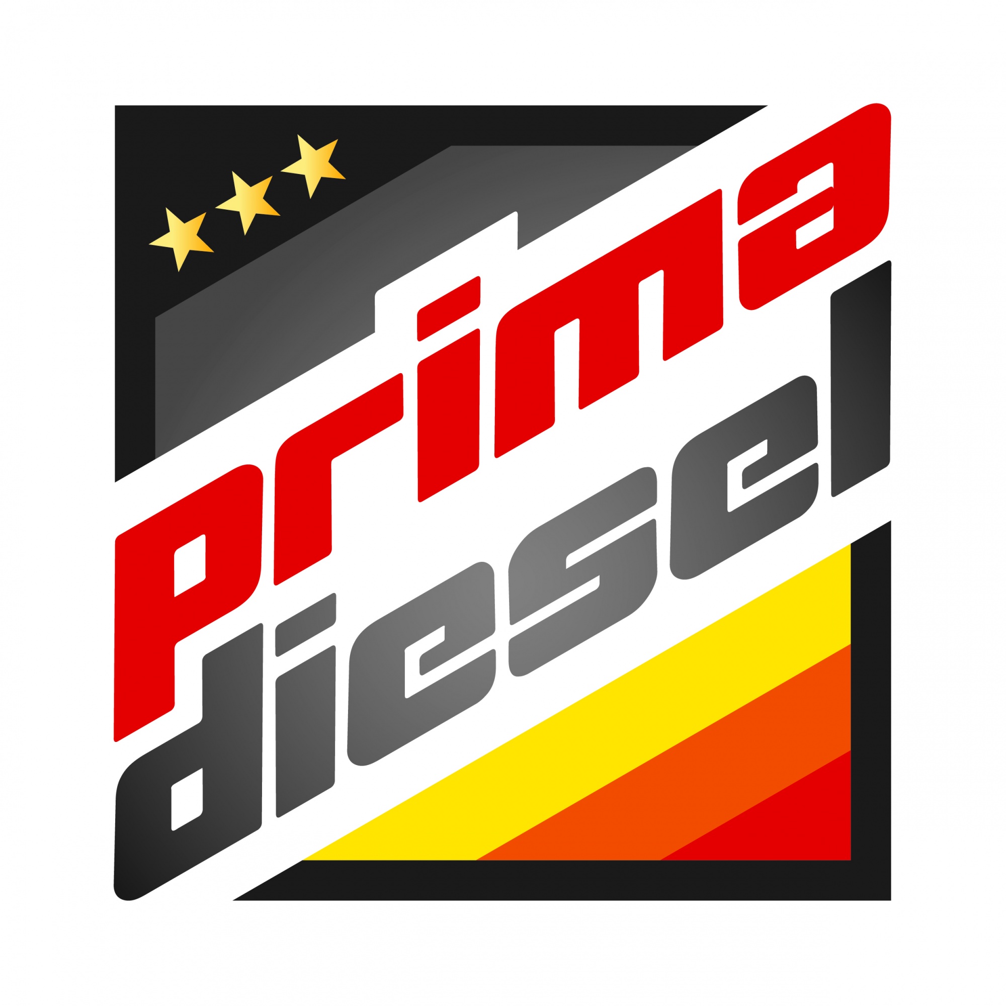 Schriftzug Prima-Diesel, darunter die sogenannten drei Bergler Streifen in gelb, orange, rot