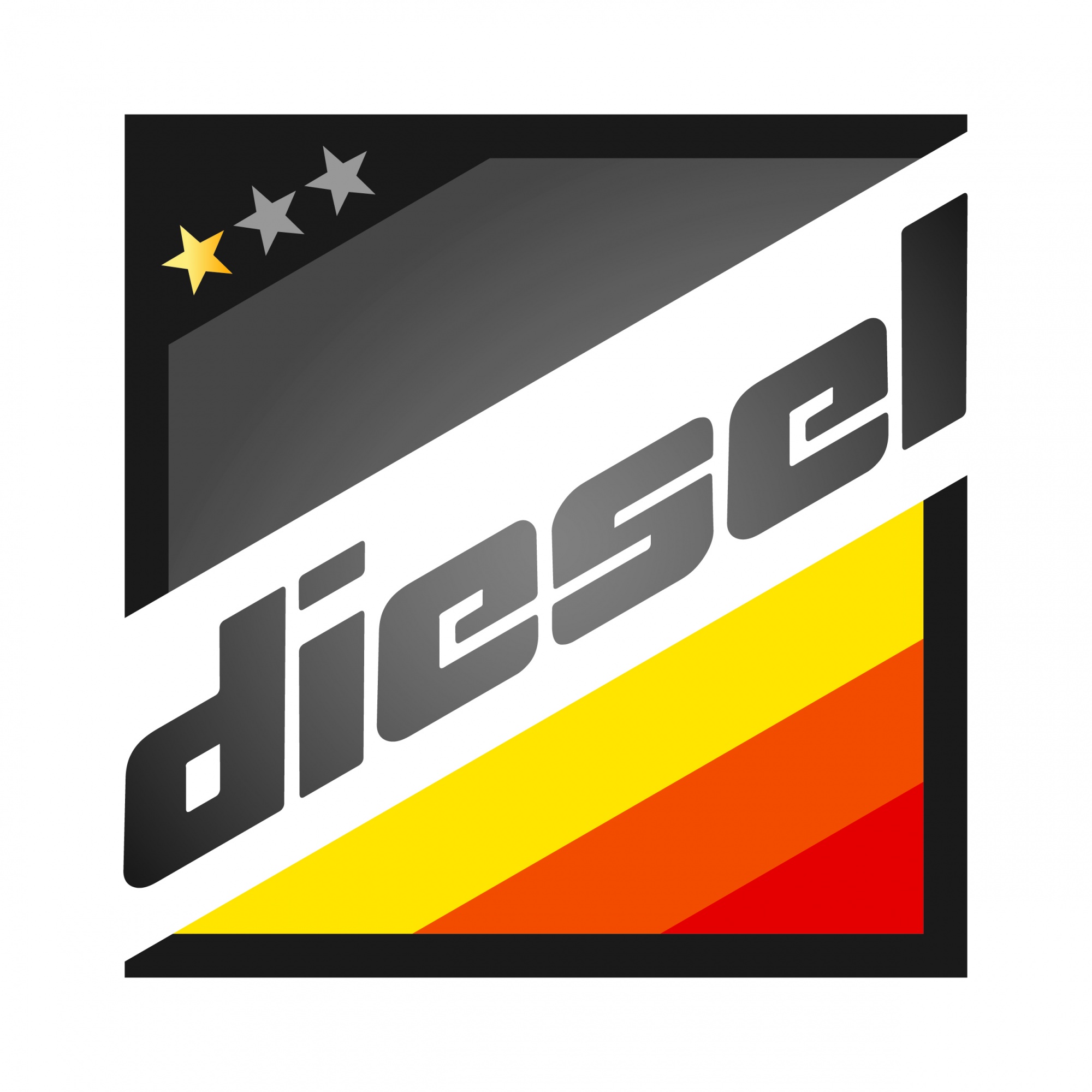 Diesel-Schriftzug, unten die sogenannten drei Bergler-Streifen in gelb, orange, rot