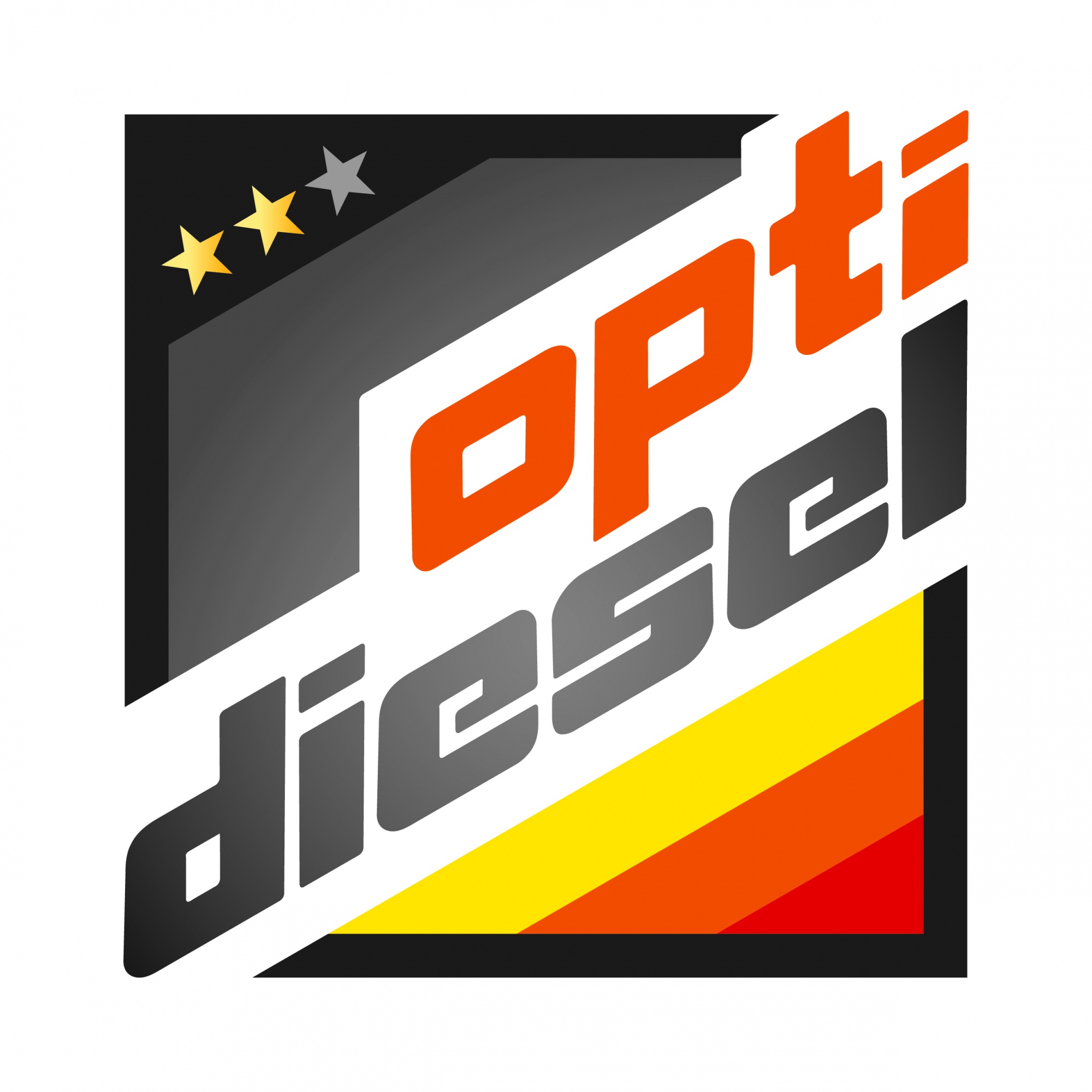 Schriftzug Opti-Diesel, darunter die sogenannten drei Bergler Streifen in gelb, orange, rot