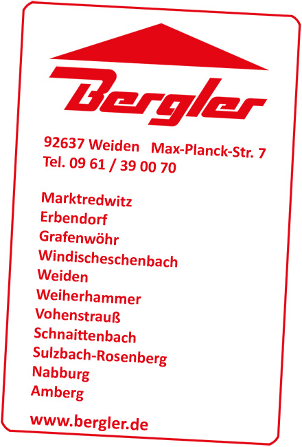 Tankkarte von Bergler. Unter dem Logo ist die Adresse der Zentrale in Weiden abgedruckt sowie die Tankstellen-Standorte. Die Internetseite www.bergler.de bildet den Abschluss.